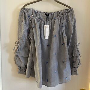 Sanctuary Striped Off-Shoulder Top with Floral Embroidery